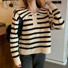 Striped Knit Polo Shirt Black Stripe - White - One Size