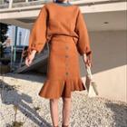 Set: Contrast Neck Pullover + Ruffle Hem Midi Skirt