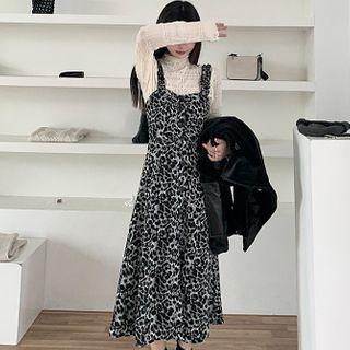 Mesh Top / Leopard Print Midi A-line Pinafore Dress