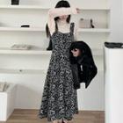 Mesh Top / Leopard Print Midi A-line Pinafore Dress