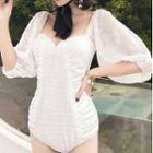 Puff-sleeve Plain Swimsuit