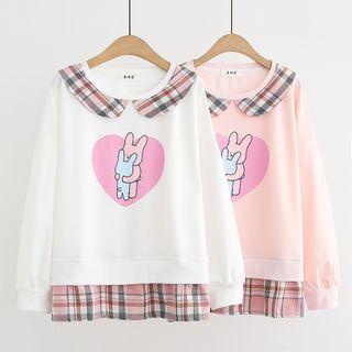 Cartoon Print Plaid Trim Sweatshirt
