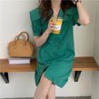 Short-sleeve Contrast Stitching Shirt Dress Green - One Size