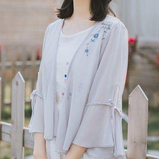 Flower Embroidered Elbow Sleeve Chiffon Jacket