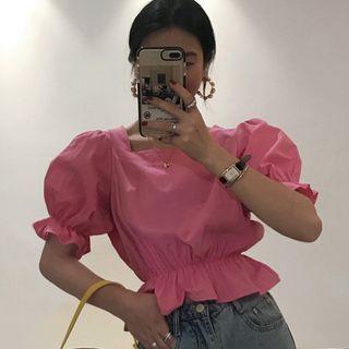 Puff-sleeve Plain Cropped Blouse