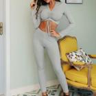 Set: Drawstring Long-sleeve Crop Top + Plain Pants
