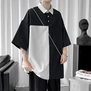 Short-sleeve Two-tone Polo Shirt / Plain Pants / Set