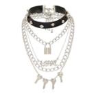 Set: Alloy Pendant Necklace + Choker / Studded Faux Leather Choker 0373 - Silver - One Size