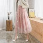 Dotted Flower Embroidered Midi A-line Skirt