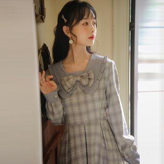 Puff-sleeve Bow Plaid Midi A-line Dress