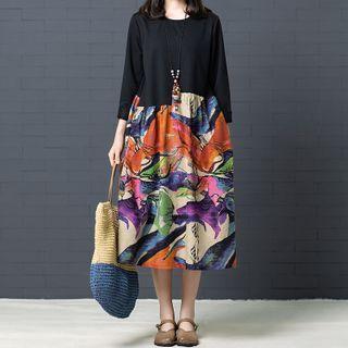 Printed Panel Midi Shift Dress