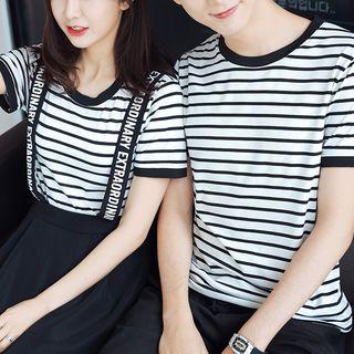 Couple Matching Striped Short-sleeve T-shirt / Lettering Shorts / Lettering Suspender Skirt