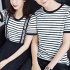 Couple Matching Striped Short-sleeve T-shirt / Lettering Shorts / Lettering Suspender Skirt