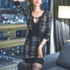 3/4 Sleeve Plaid Cutout Sheath Dress