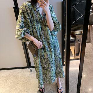 Long-sleeve Floral Midi Dress Floral - Green - One Size