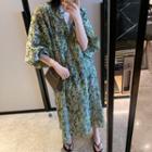 Long-sleeve Floral Midi Dress Floral - Green - One Size