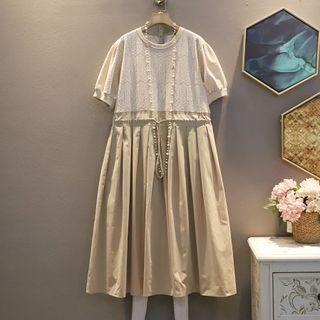 Short-sleeve Plain Panel Lace Elastic-waist Dress