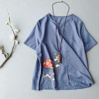 Short-sleeve Floral Print Linen Blend Top