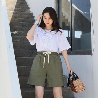 Beribboned Patterned Sailor-collar Top