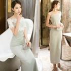 Set: Plain Maxi Spaghetti Strap Dress + Short-sleeve Lace Top