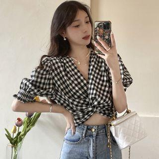 Puff-sleeve Twisted Gingham Cropped Blouse Plaid - Black - One Size