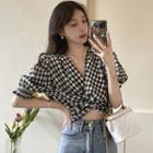 Puff-sleeve Twisted Gingham Cropped Blouse Plaid - Black - One Size
