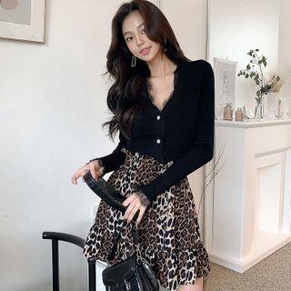 Set: Long-sleeve Lace Top + Leopard Print Mini Skirt