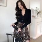 Set: Long-sleeve Lace Top + Leopard Print Mini Skirt