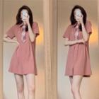 Set: Short-sleeve Mini Shirt Dress + Plaid Tie