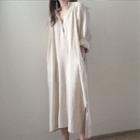 3/4-sleeve Collared Plain Midi Dress