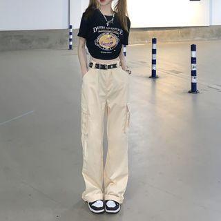 High Waist Plain Cargo Loose-fit Pants / Short-sleeve Printed Crop T-shirt