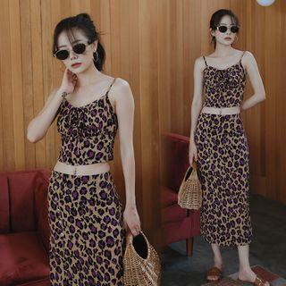 Leopard Print Camisole Top / Slit Midi Straight-fit Skirt