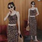 Leopard Print Camisole Top / Slit Midi Straight-fit Skirt