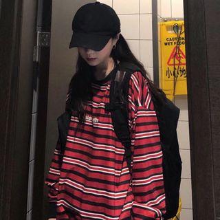Long-sleeve Letter Striped T-shirt Stripes - Red - One Size