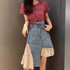 Set Of 2: Short-sleeve Top + Panel Denim Skirt