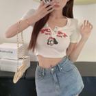 Cartoon-print Skiiny Crop Henley