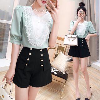 Set: Puff-sleeve Blouse + Dress Shorts