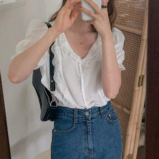 Ruffled Puff-sleeve Blouse White - One Size