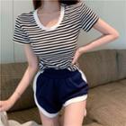 Short-sleeve Striped T-shirt / Piped Shorts / Blazer