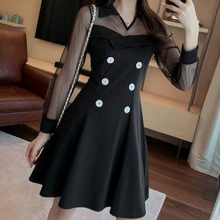 Mesh Panel Double-breasted A-line Mini Dress