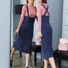 Set: Plain Long Sleeve Knit Top + Dungaree Dress