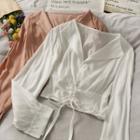Drawstring V-neck Cropped Blouse
