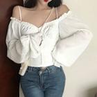 Balloon-sleeve Cold-shoulder Cropped Blouse