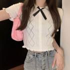 Short-sleeve Bow Button-up Knit Top White - One Size
