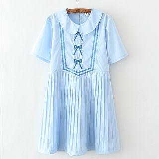 Bow Embroidered Pleated Hem Collared Short Sleeve Dress