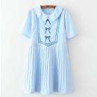 Bow Embroidered Pleated Hem Collared Short Sleeve Dress