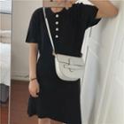 Short-sleeve A-line Placket Knit Dress Black - One Size