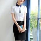 Set: Short-sleeve Blouse + Mini Pencil Skirt