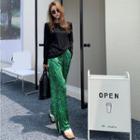 Long-sleeve Light T-shirt / Printed Slit-hem Straight-cut Pants