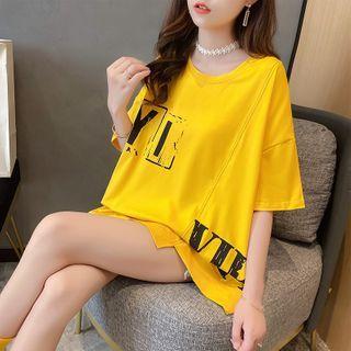 Lettering Short-sleeve Irregular Hem T-shirt